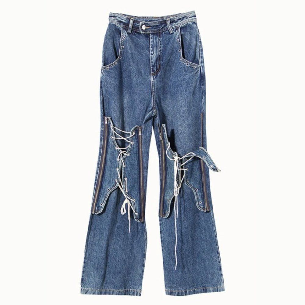 Dream Architect Women's Lace Up Detailed Wide Leg Jean - L